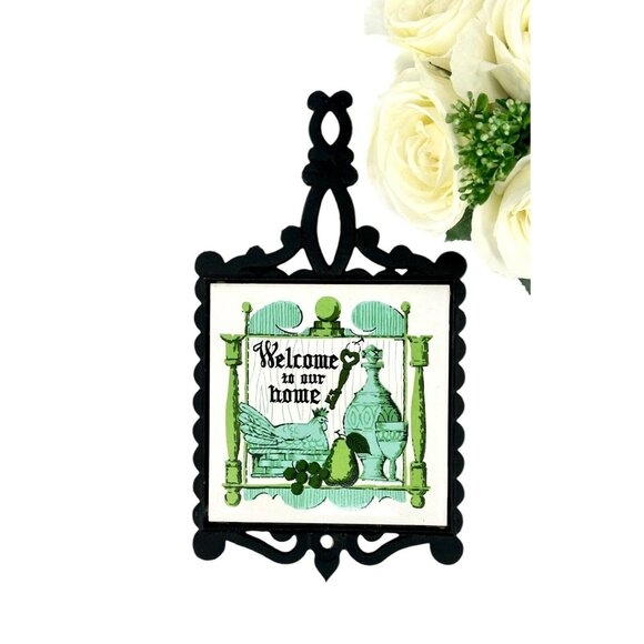 Vintage Cast Iron Ceramic Tile Trivet Sign Welcome to Our Home Rooster Japan - Picture 7 of 7
